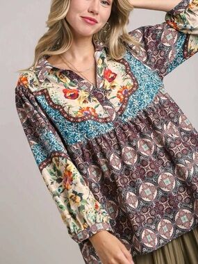 Umgee Multicolor western Floral Peasant Tunic cowgirl sz 2X